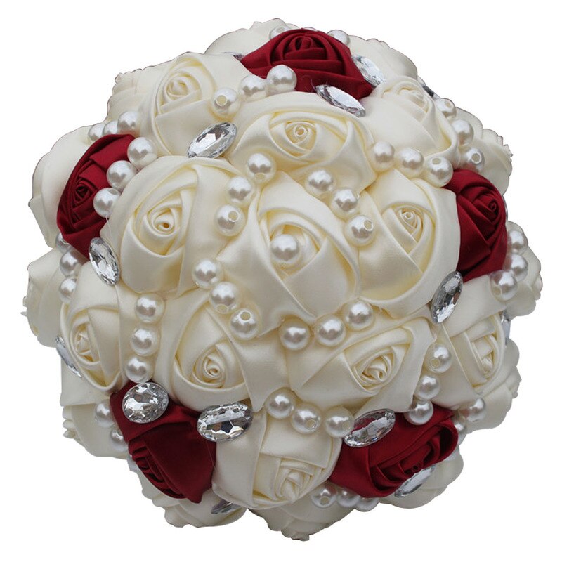 Brudebuket bryllupsbuket mariage kunstig bryllupsbuket kunstig elfenben rose bryllup blomst de mariage: Elfenben-burgunder -21cm