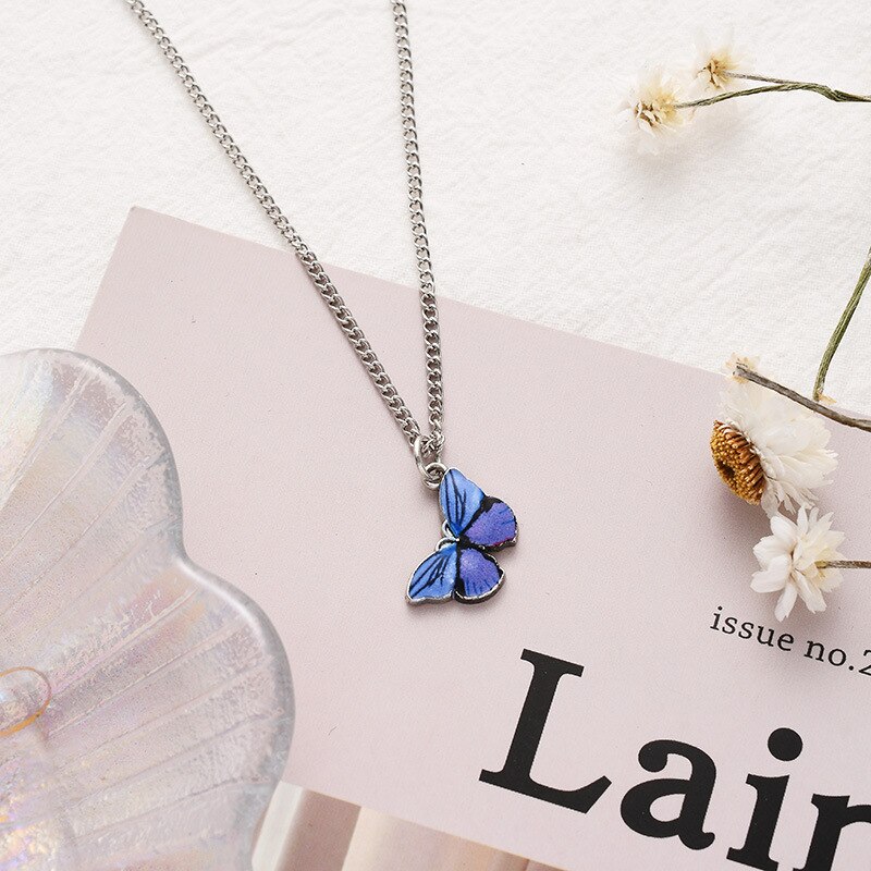 Koreańska, niebieska gradientowa motyl naszyjnik dla kobiet dziewczyn kolor srebrny motyle wisiorek choker naszyjniki biżuteria prezent hurtownia: A