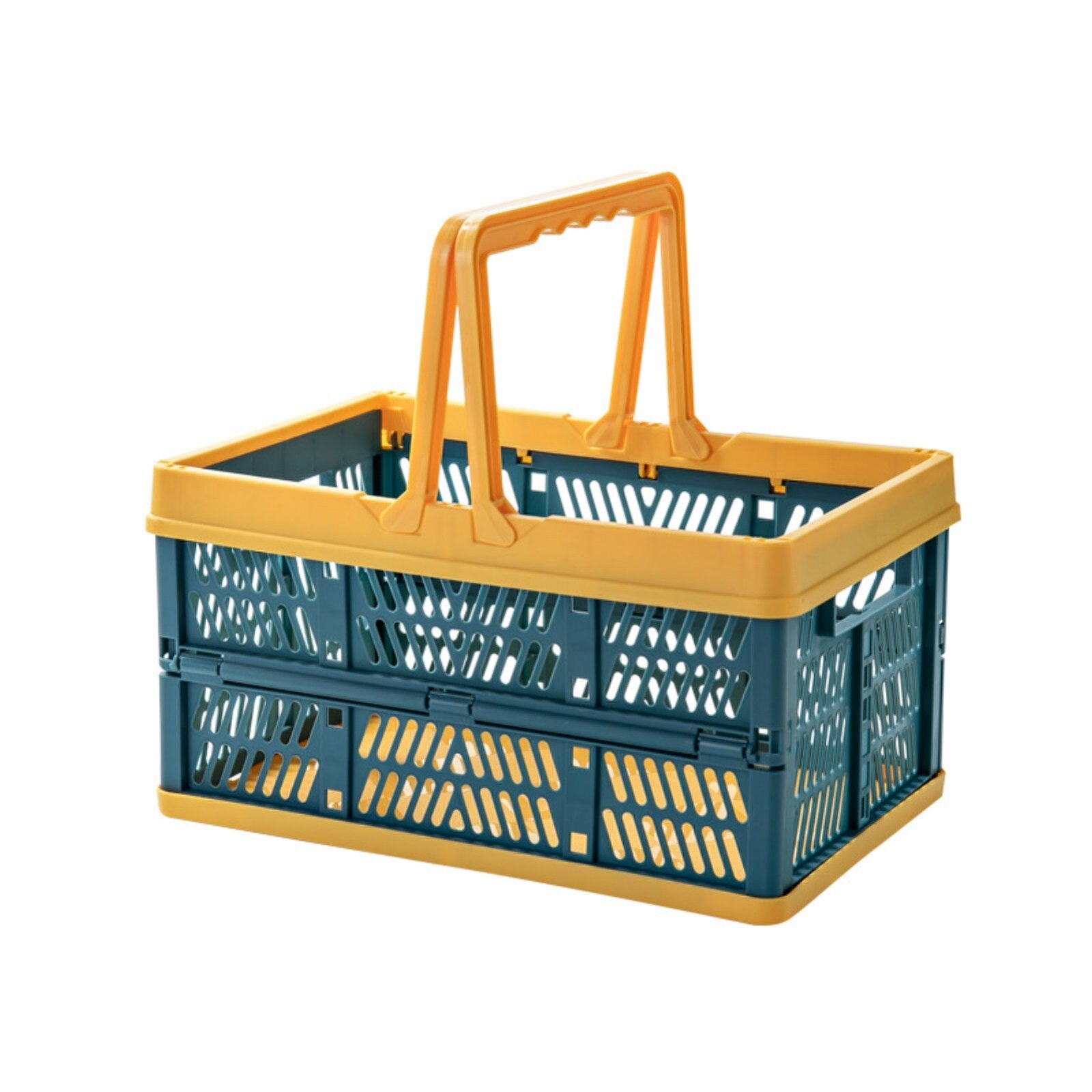 Portable Basket Folding Plastic Storage Crate Box Food Snacks Picnic Basket Home Office Desktop Organizer Container: blue yellow