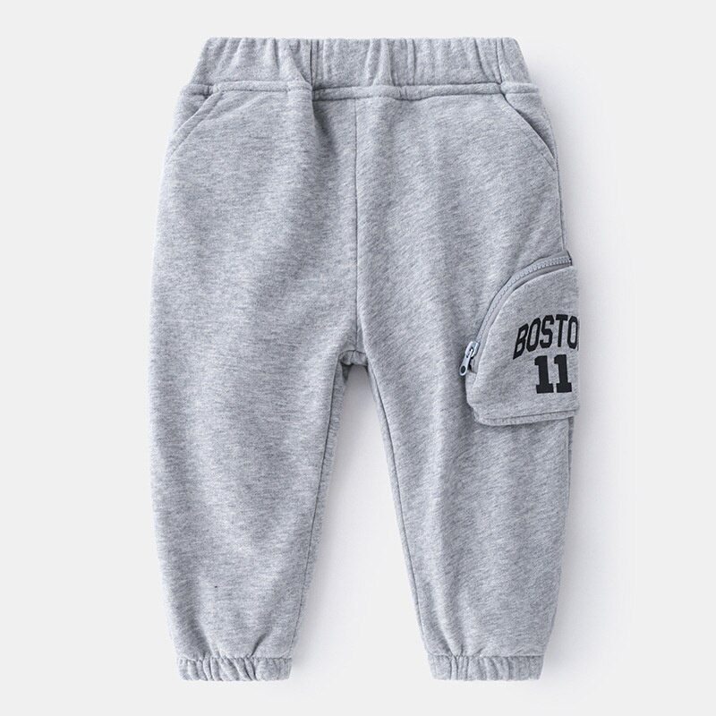 Mudkingdom Little Boy Jogger Plus Velvet Solid Letter Elastic Waist Casual Sports Pants for Boys Zipper Pocket Winter Trousers: Gray / 3T