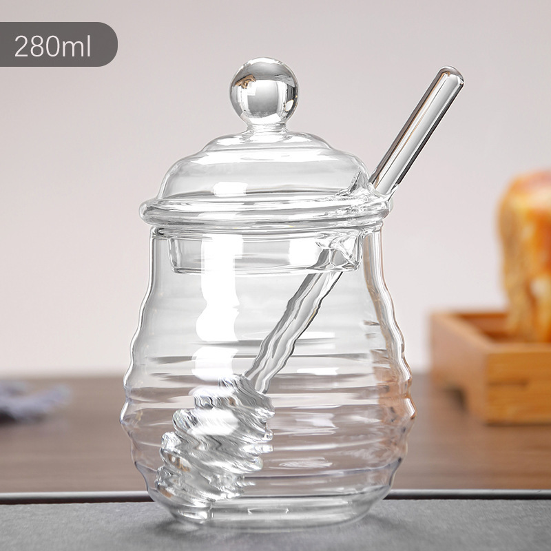 Glass Honey Jar Glass Honeycomb Tank Kitchen Tools Honey Storage Container with Dipper and Lid Honey Bottle for Party Kitchen: black