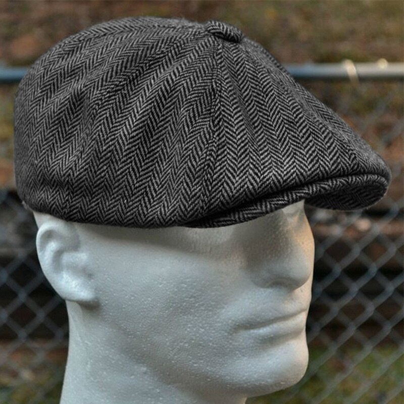 men's herringbone style berets retro woolen top felt hat wild casual berets flat berets: Dark Grey / XL
