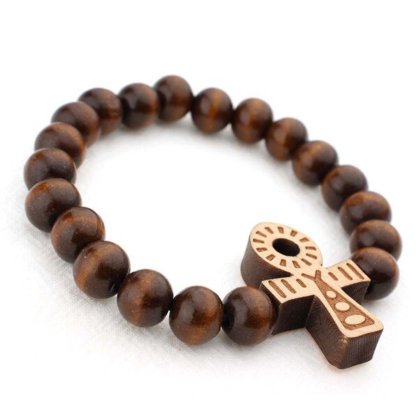 Retro træ brun kort kors vedhæng træ perler halskæder til mænd kvinde rosenkrans træ perle betaler religiøse smykker: Armbånd -8