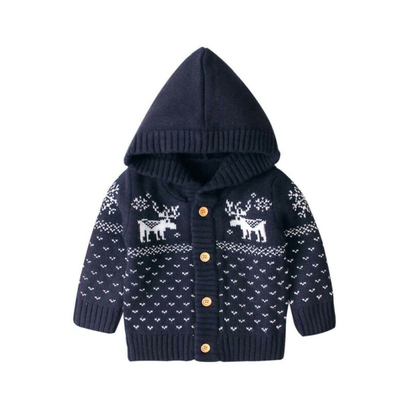 Newborn Infant Baby Girls Long Sleeve Elk Coat Jacket Christmas Knitted Outerwear Clothes Autumn Winter Warm Hooded Cardigan: Navy Blue / Newborn