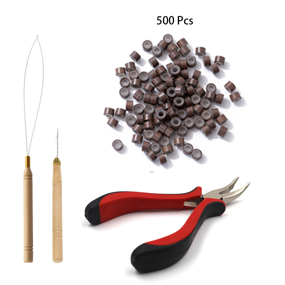 Kit de ferramentas para extensões de cabelo, 500 peças, preto, marrom escuro, marrom claro, dourado, micro anel, contas, 1 micro contas, alicate, 1 gancho, agulha puxando: Castanho médio