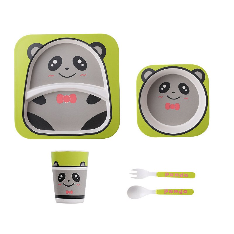 5pcs/set Animal Zoo Baby Plate Bow Cup Forks Dinnerware Feeding Set 100% Bamboo Fiber Baby Children Tableware Set: Red panda