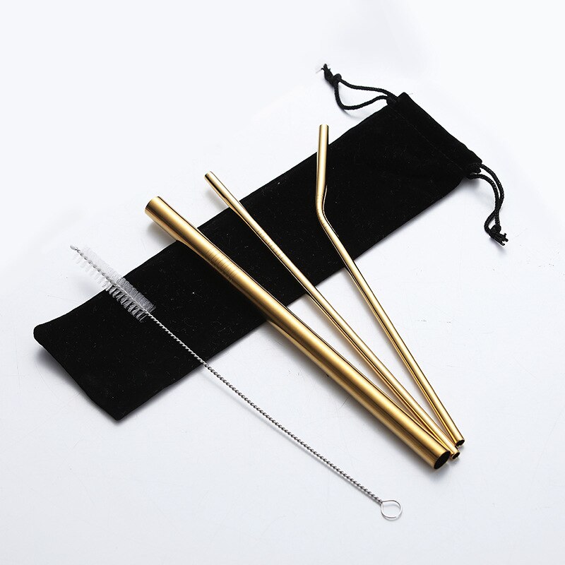 Bubble Tea Stainless Steel Straw Reusable Drinking Straws Set Curved Metal Straws Bag with Brush For Smoothies Juice Tea: Gold