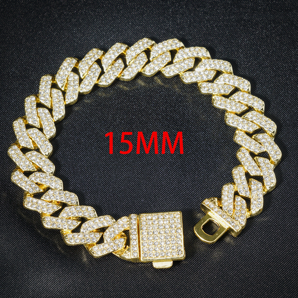 HipHop Men Women 13MM Prong Cuban Link Chain Bracelet Bling Iced Out 2 Row Rhinestone Paved Miami Rhombus Cuban Chain Jewelry: 16cm / Light Yellow Gold Color