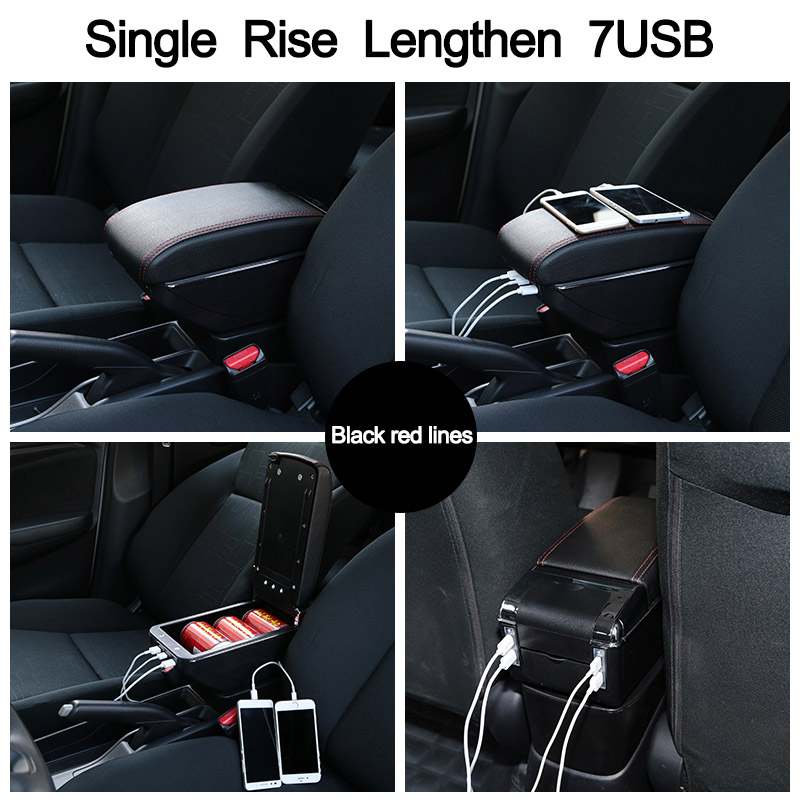 For Tata Tiago Armrest Box Tiago Universal Car Central Armrest Storage Box cup holder ashtray modification accessories: Single USB Black Red