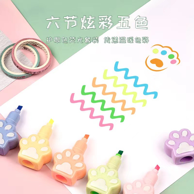 6 pcs/set Kawaii Cat Paw Highlighters Art Markers Liner Journal Diy Art Supplies Drawing Paint Marker Cute Stationery