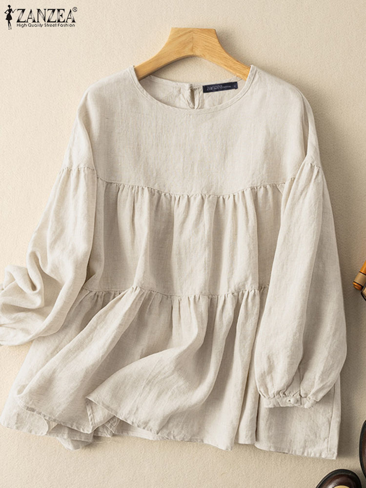 Zanzea ensfarvet bomuldsbluse kvinder efterårstoppe revers langærmet skjorte dame o-hals arbejdsbluse afslappet løs chemise: 4xl / Beige