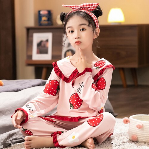 Cotton Girls Pajamas Sets Spring Long Sleeve Children's Sleepwear Set Cute Pajamas Girls Pyjamas Sets for Kids Nightwear: Camel / size 10(110-120cm)