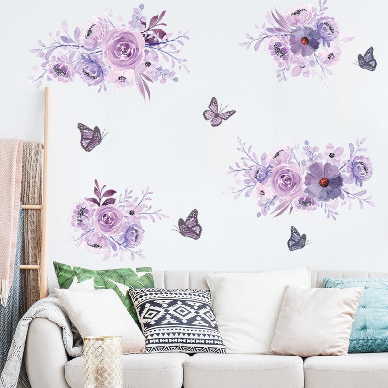 40x60CM Purple Flower Wall Stickers Art Butterfly Wall Decals For Girls Bedroom Living Room Decoration Self Adhesive Wallpaper