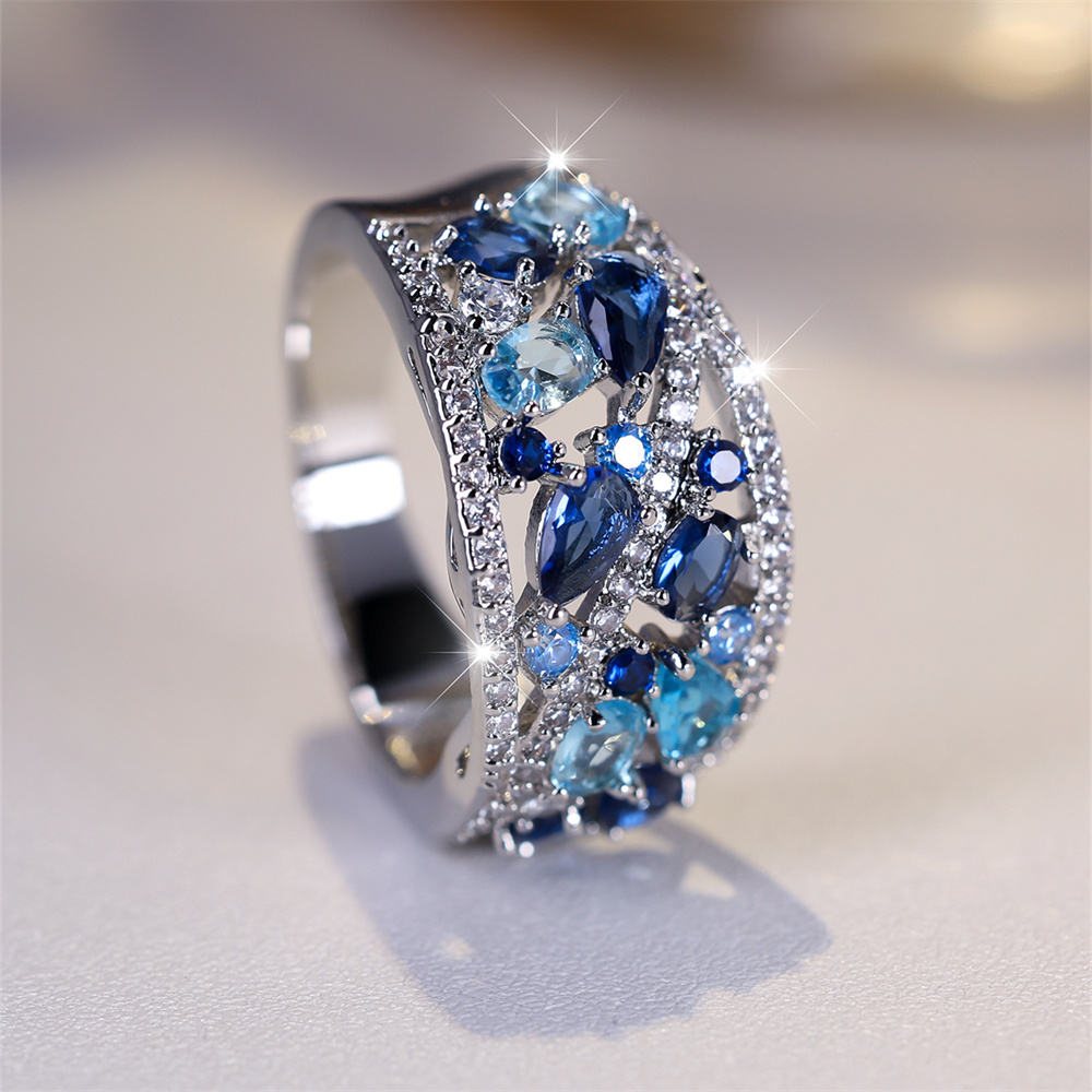 Anillo de piedra de gota de agua de cristal azul real, anillos de compromiso de Aguamarina simulada para mujer, banda de de boda de Color plata Vintage: 6
