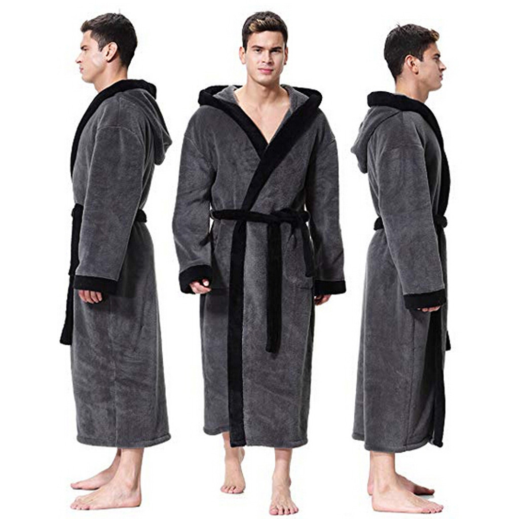 hooded Bathrobe men robe sleepwear Plush winter Lengthened Patchwork Long Sleeve Robe badjas d90914