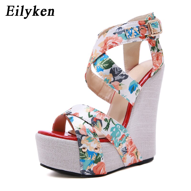 Eilyken Silk Print Floral Wedges Shoes For Women High Heels Sandals Summer Women's Shoes Peep Toe Wedges Platform Sandals