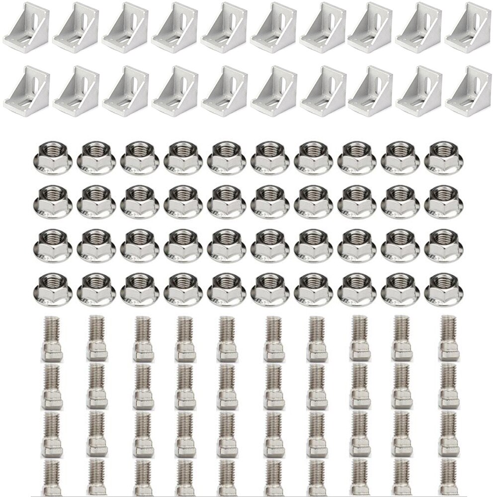 3030 Aluminum Profile Connector Set: 20pcs 3030 Corner Bracket + 40pcs M6 x 16mm T Bolt Screws + 40pcs M6 Hex Flange Nuts: 3030 silver