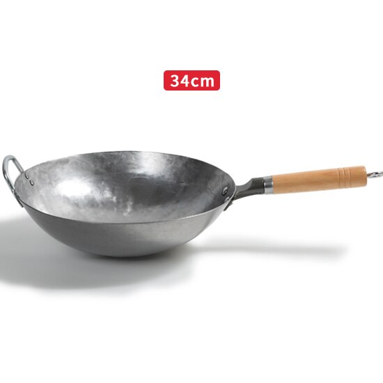 Ijzeren Wok, Traditionele Hand Gehamerd Carbon Ijzer Pow Wok Met Houten Helper Handvat, niet-Coating Gas Fornuis Kookgerei: 34 cm