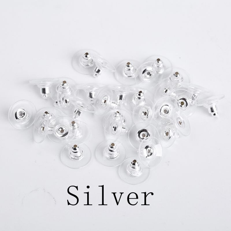 100 unids/lote, tapón de tuerca de goma para pendientes, hallazgos de joyería, accesorios Diy, platillo volador, pendiente trasero para fabricación de joyas: Silver