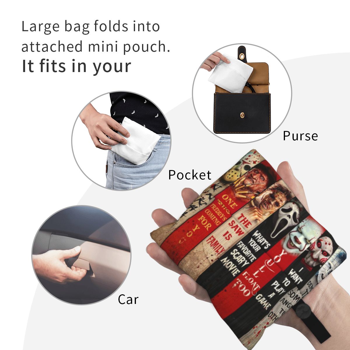 Custom Reusable Halloween Horror Movie Character Shopping Bag Women Tote Bag Portable Groceries Shopper Bags