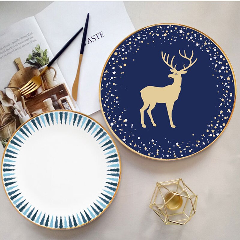 Christmas Decoration Dinner Plates China Bone Round Plates Elk Christmas Tree Dishes and Plates Dinnerware Kitchen Supplies