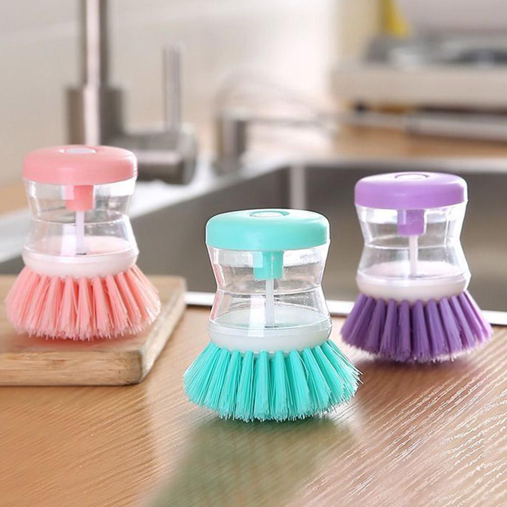 Cepillo para lavar platos y ollas de cocina con dispensador de llenado de líquido al presionar no daña la sartén, dispensador automático de cepillo de limpieza