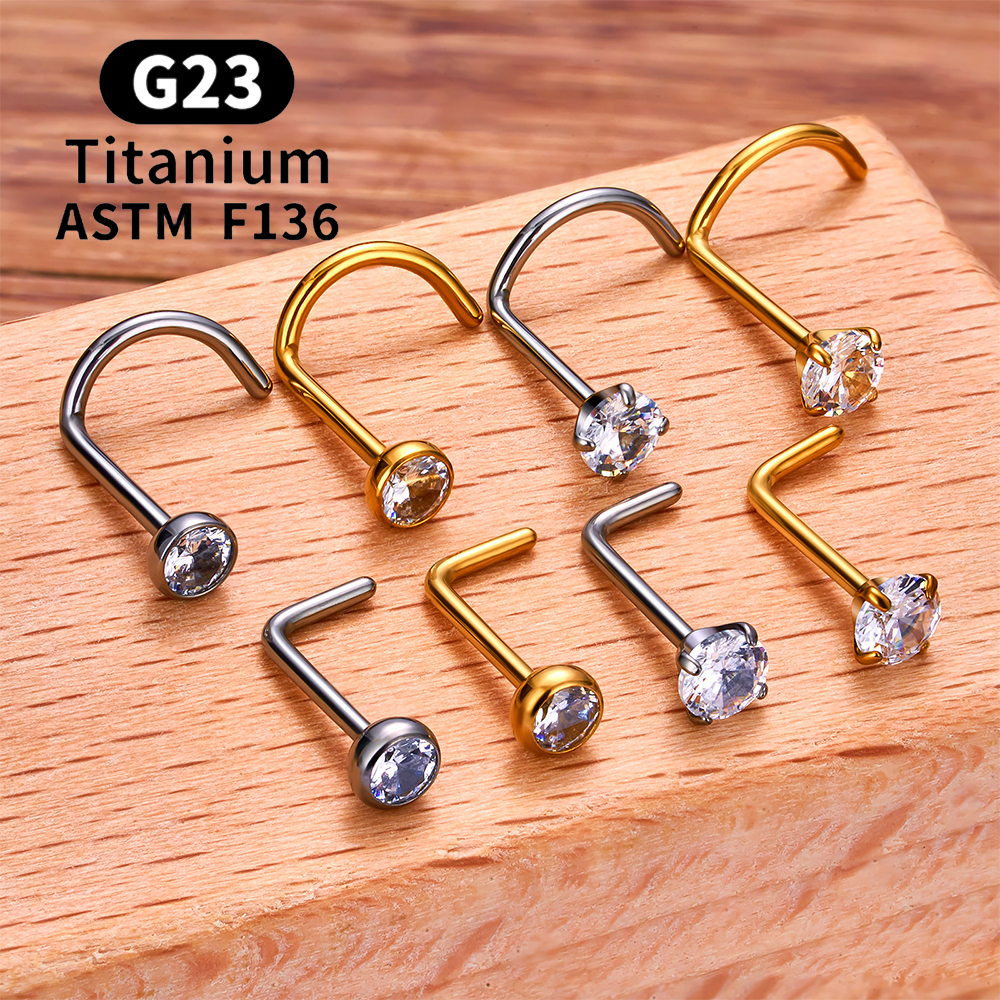 1/10 Uds ASTM F136 G23 Piercing de titanio para la nariz 20G tachuelas para la nariz en forma de L con circonita 2-3mm anillos para la nariz joyería para Piercing de la nariz