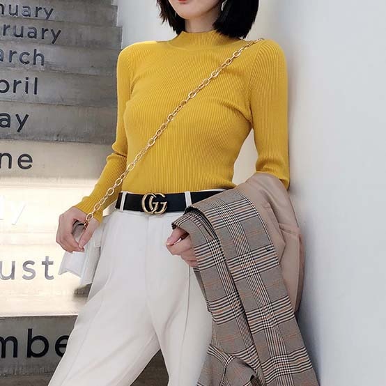 Hiver tricot pull pulls femmes à manches longues hauts col roulé tricoté pull Chic femme vêtements femme décontracté Streetwear: YELLOW