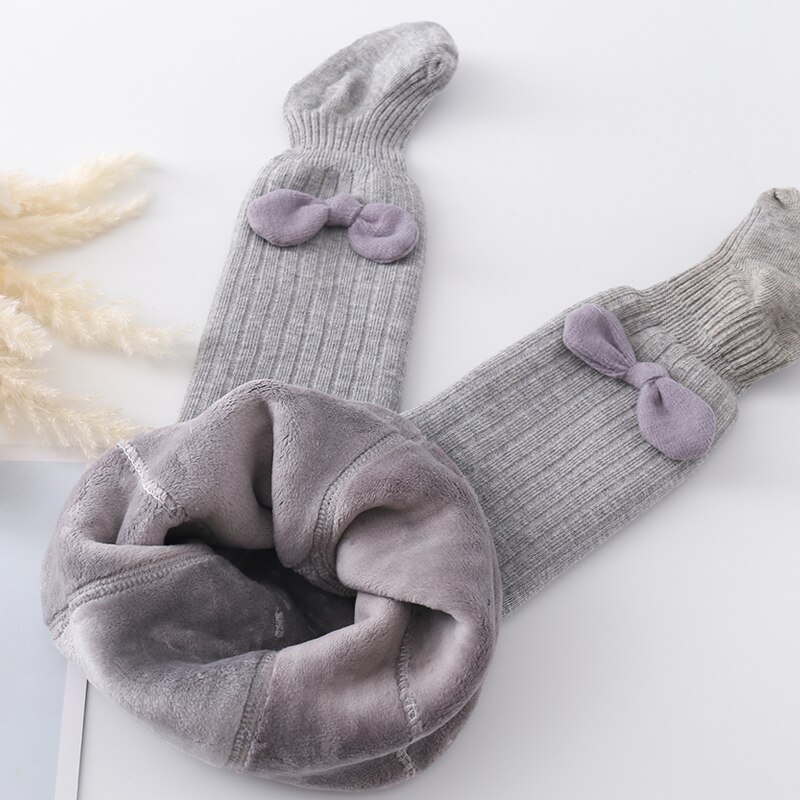 Criança do bebê meninas meia algodão velo-forrado engrossado arco dos desenhos animados decoração meia-calça inverno toddlers collants quentes leggings