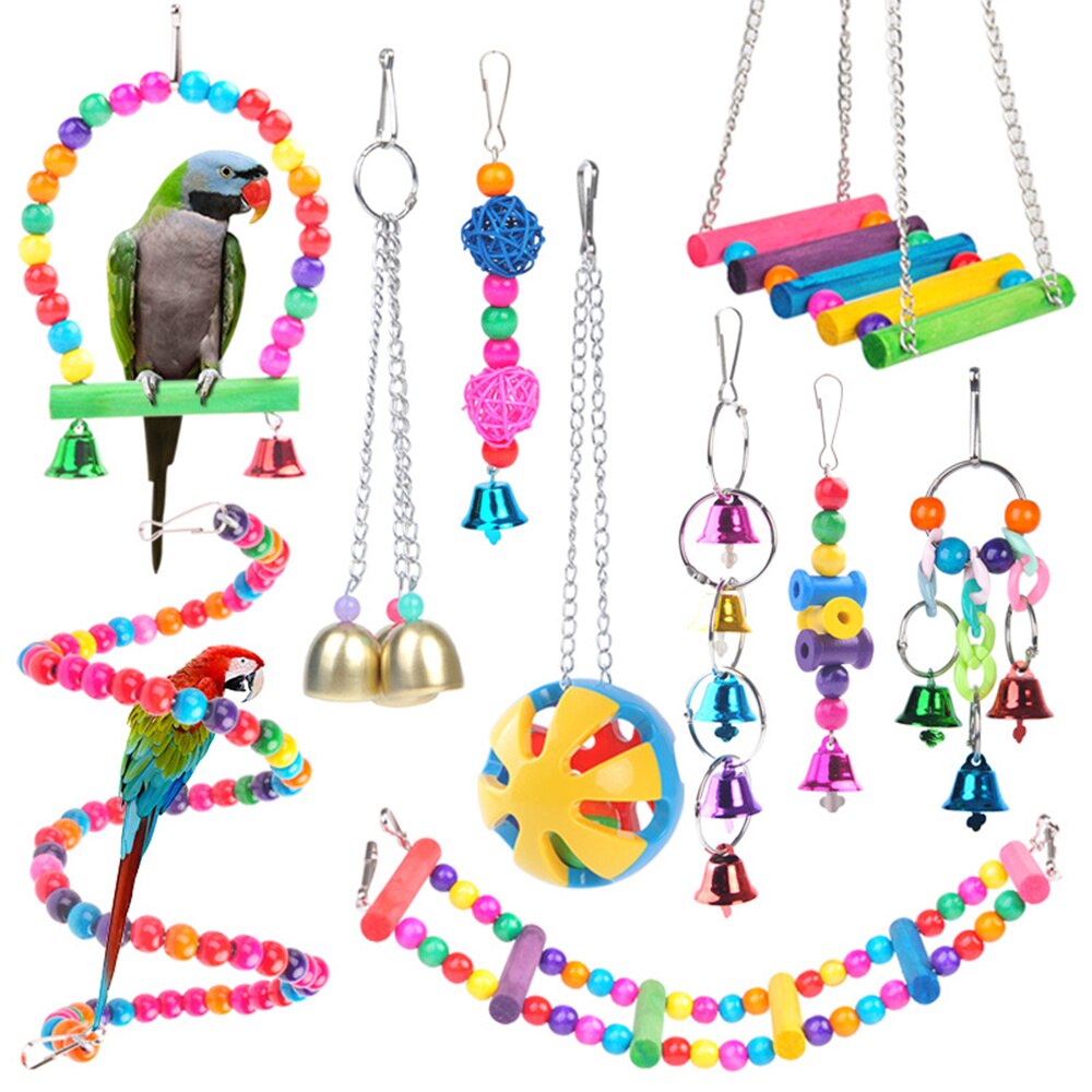 Parrot Hanging Cage Bird Cage Toys for Parrots Reliable &amp; Chewable-Swing Hanging Chewing Bite Bridge Wooden Beads Ball Bell Toys