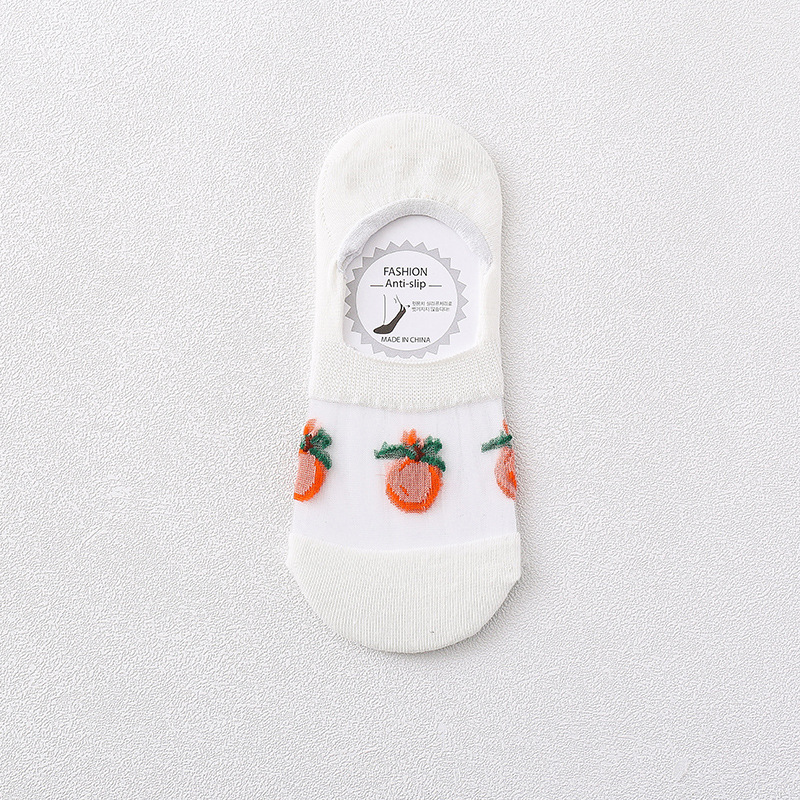 Crystal Silk Woman Socks Silicone Non-slip Invisible No Show Socks Fruit Print Summer Thin Breathable Low Cut Ankle Boat Socks: White