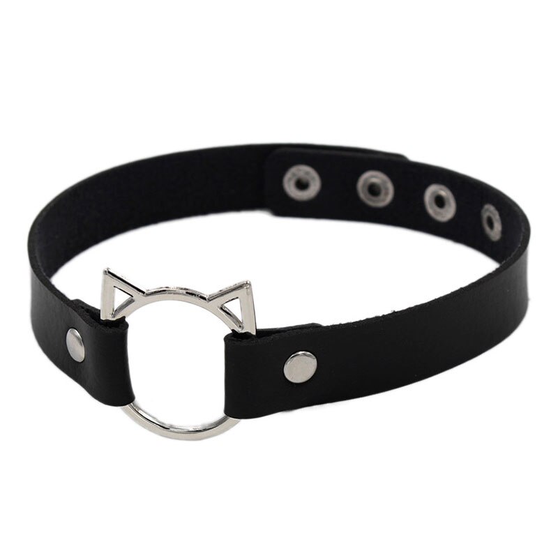 Kat øre pu læder choker halskæde kvinder chocker halskæder tilbehør punk halsrem bryllup brud smykker: Sort