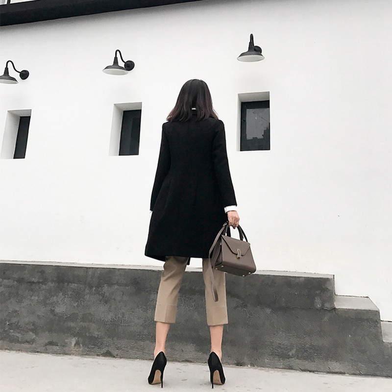 [eam] kvinder sort knapsøm lang blazer revers langærmet loose fit jakke tide forår efterår 1 w 524
