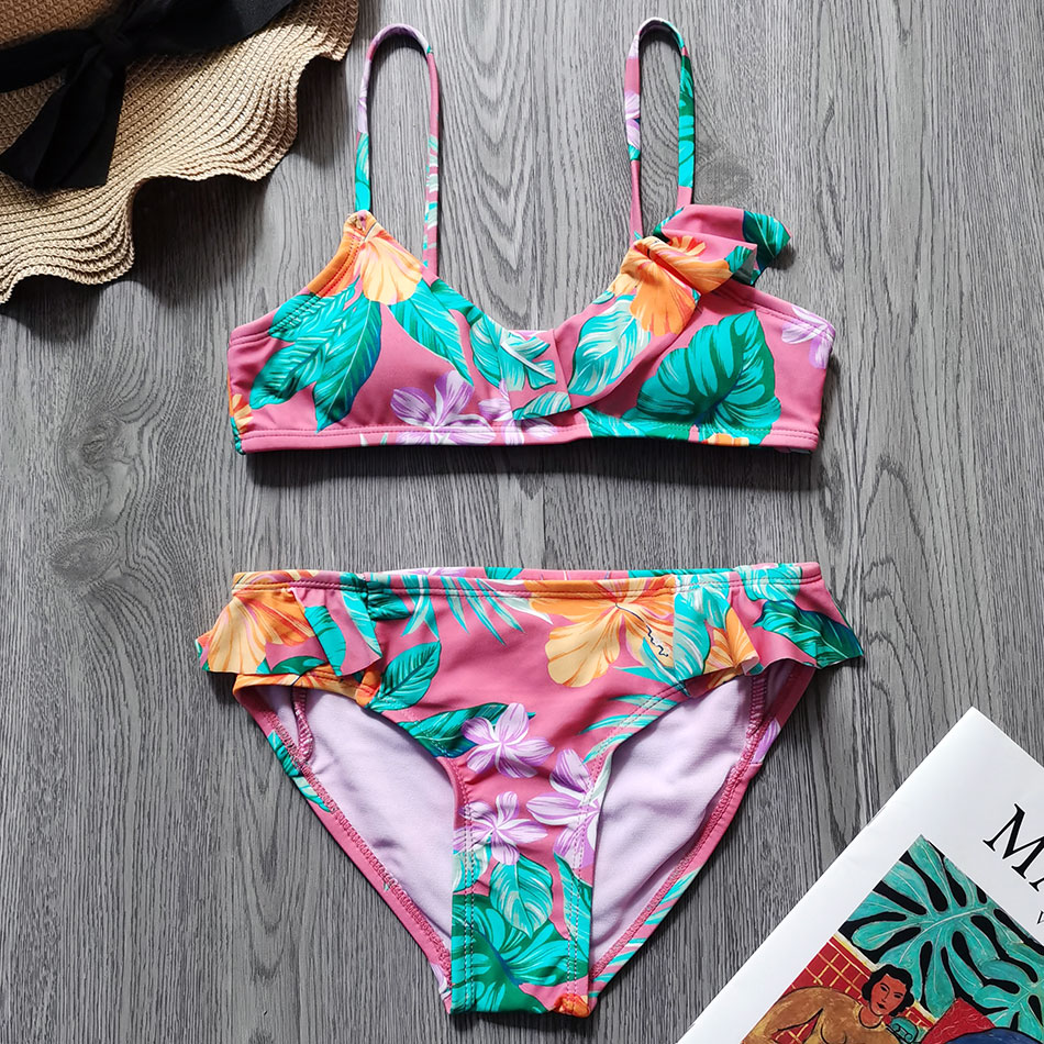 Tropical Flower Girl Swimsuit Kids Ruffle Two Piec – Grandado