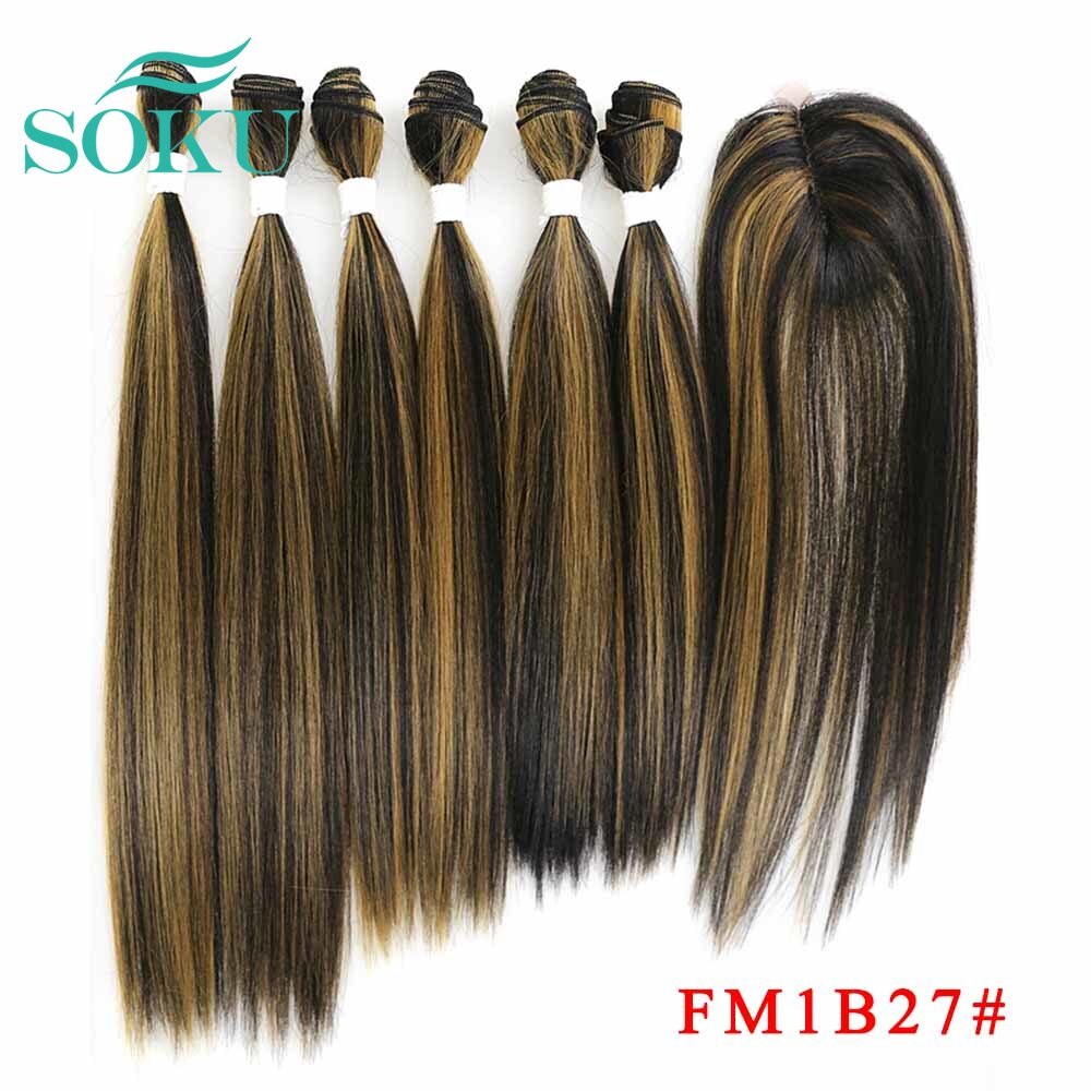 Ombre Bruin Yaki Rechte Synthetisch Haar Bundels Met Sluiting 14-18Inch Soku Hoge Temperatuur Fiber Bundel Haar weven
