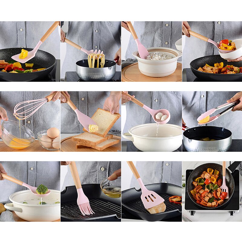 Silicone Cooking Utensils Set Non-stick Spatula Shovel Wooden Handle Cooking Tools Set With Storage Box Kitchen Tools