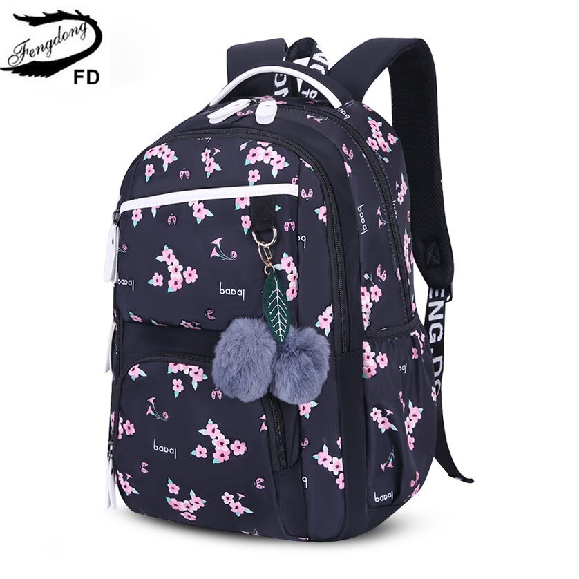 Fengdong cute school bags for teenage girls korean style school backpack for girls fur ball decoration children bag girl: Black Flower