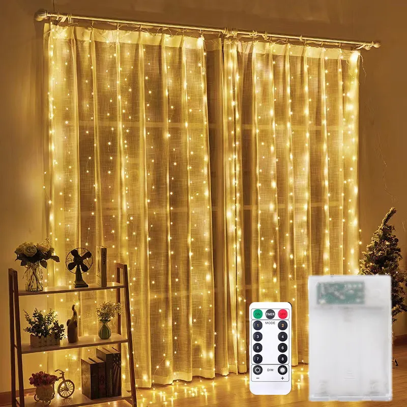Christmas Lights Curtains for Windows Led Fairy Year Lighting Room String Battery Powered Garland Waterfalls Decorations