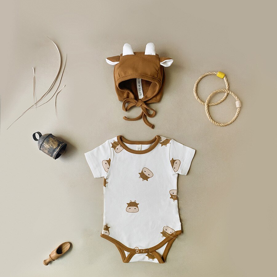 Toddler Baby Clothes Boy Cartoon Cow Pattern Printed Cotton Bodysuit Summer Infant Girl Short Sleeve Bodysuits +hat: 6M
