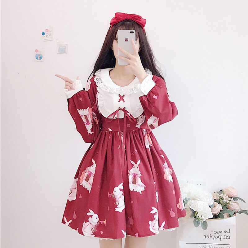 Lolita jurk, schattig konijnenprintje, schattige japanse kawaii meisjes, prinsessenmeisje, vintage gotische printpatronen, kant, wit, rood jurkje: Wijnrood / S