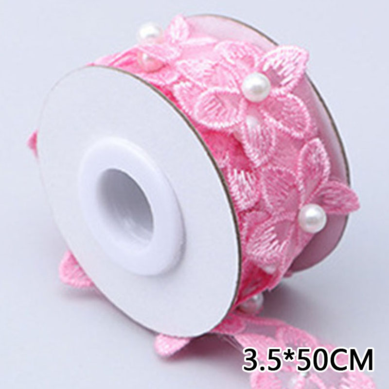 Blomst perle perler brodert blomster blond bånd listverk perle frynser blondere stoff håndlaget kjole syutstyr: Rosa