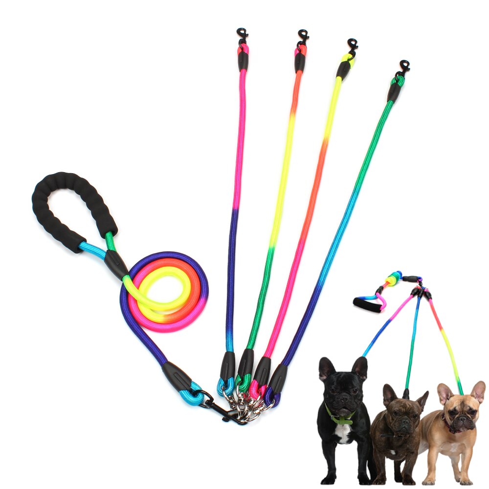 Rainbow Multi Honden Leash Nylon Afneembare Huisdier Lood Foam Handvat 1 Leash Voor 2 Of 3 Of 4 Honden ronde Trekkabel Hond Levert