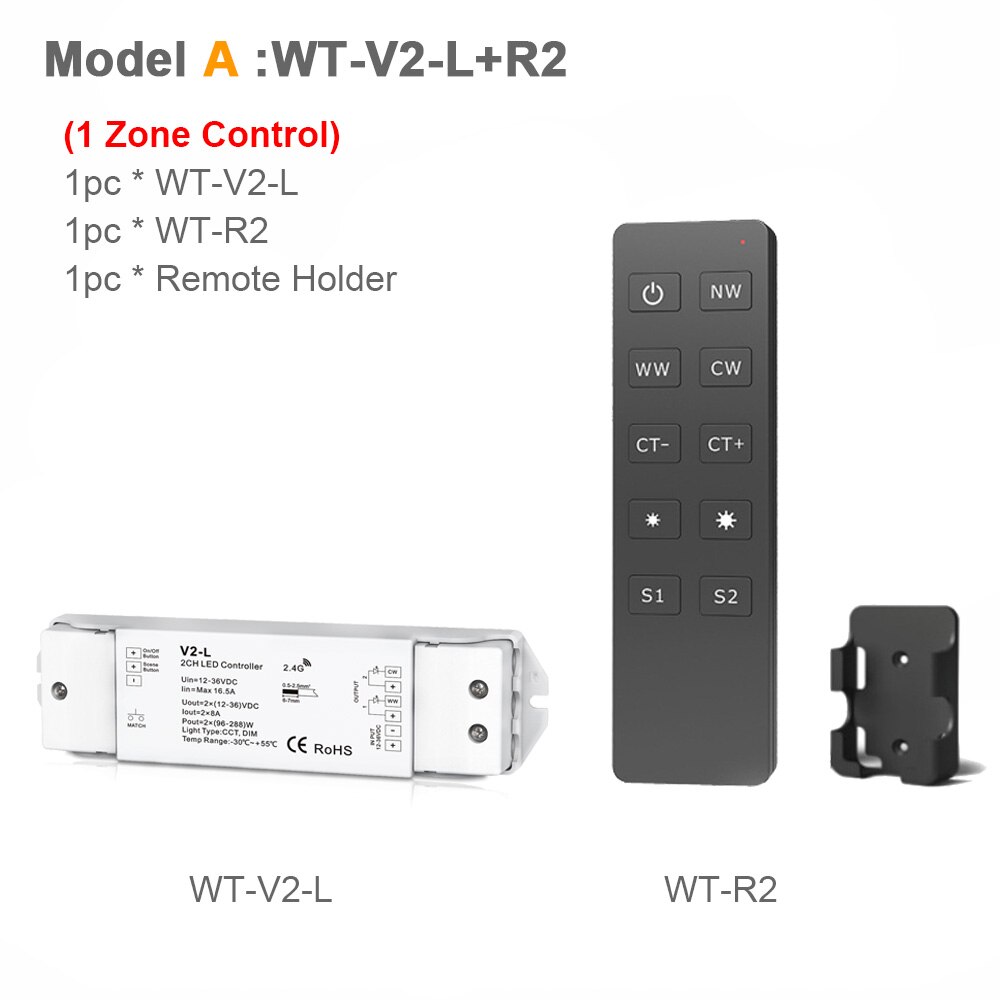 LED Dimmer Switch CCT 12V 24V 36V RF Wireless 2.4G Remote Smart Wifi 2CH WW CW LED Controller for CT Single Color LED Strip V2-L: Model A