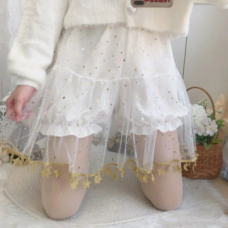 Women Petticoat Pant Pettipants Short Half Slips Underskirt with Star Tassel 17 In for Lolita Cosplay Vintage Party