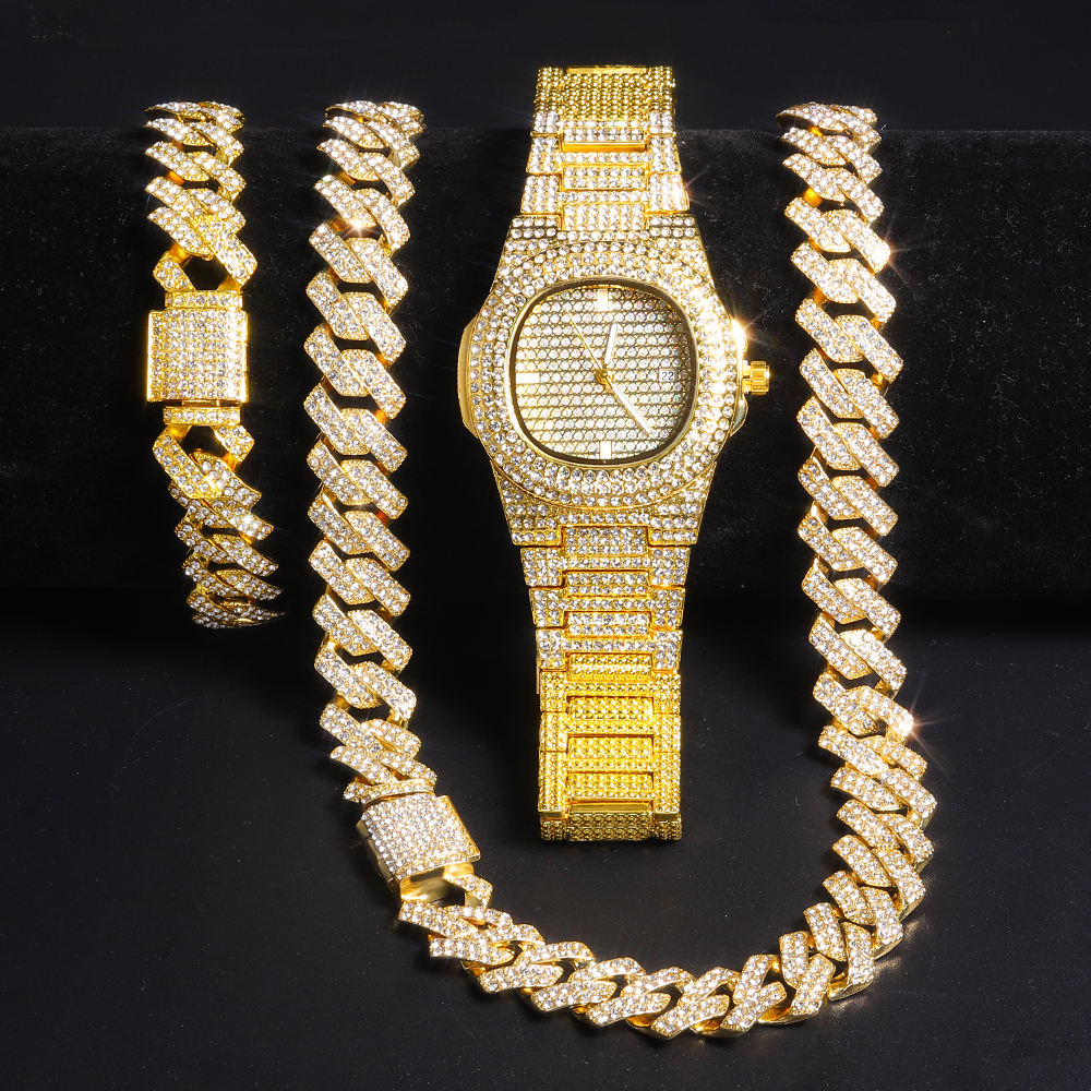 Goudkleurige Cubaanse kettinghorloge voor mannen, hiphop Miami Curb, Iced Out verharde strasssteentjes, bling rapper ketting, horloge + armband sieraden: 50cm / Roest Rood
