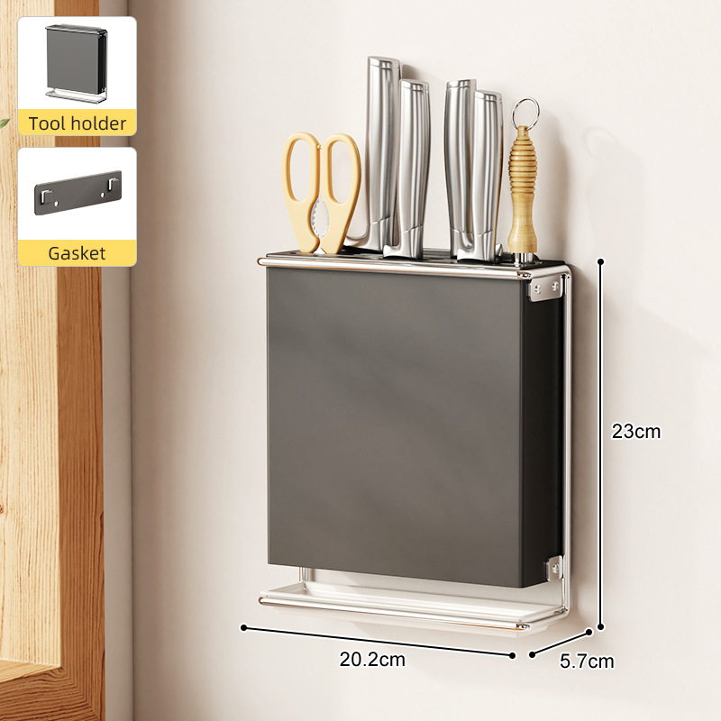 Soporte para cubiertos para encimera de cocina, montado en la pared, sin taladro, cuchillo, organizador de palillos, estante de almacenamiento de drenaje para utensilios de cocina: Gris oscuro