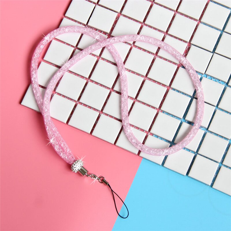 Cordão de cristal para apoio de pescoço, cordão multifuncional para telefone celular, suporte para teclas, cartão de identificação, academia, diamante menina/mulheres: pink