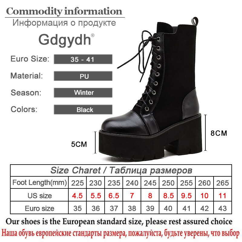 Gdgydh-Botas de estilo gótico para mujer, zapatos femeninos con plataforma de tacón, de cuero negro, botas de media caña con cordones,