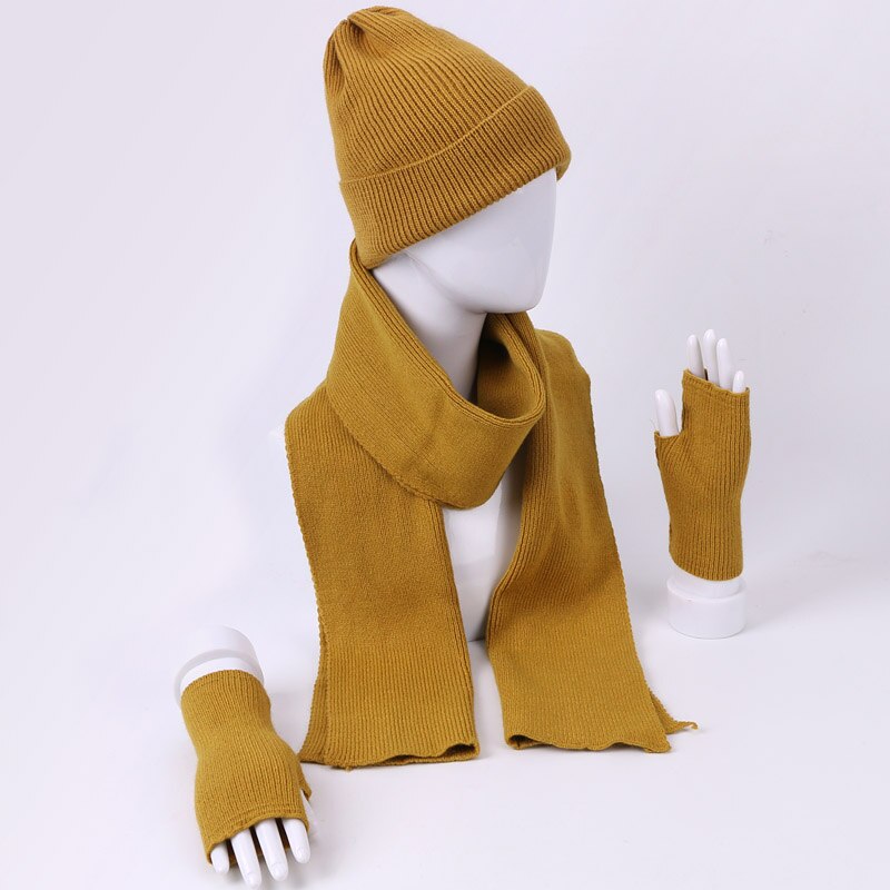 Kvinner vinter kanin hairr hansker skjerf lue tredelt sett kvinnelig strikk utendørs varm hatt caps skullies beanies sett: H