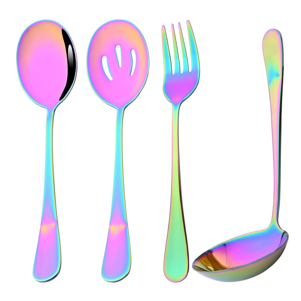 Drmfiy Silver 4Pcs Stainless Steel Cutlery Serving Utensils Buffet Catering Dinnerware Set Serving Colander Spoon Fork Flatware: Rainbow
